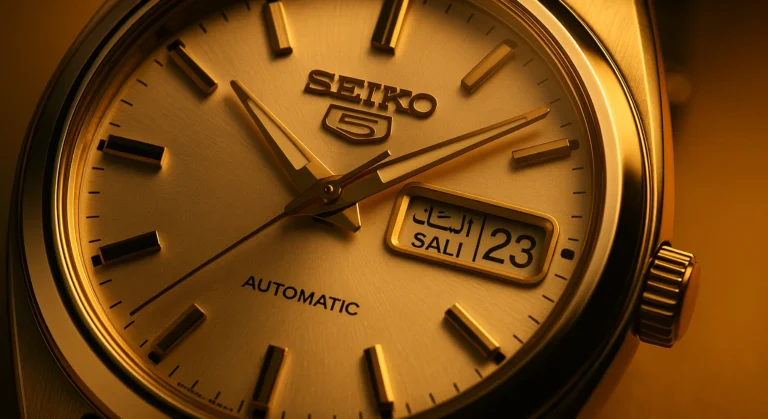 Seiko 5 otomatik saat çift dilli (Arapça/Türkçe) takvim penceresi makro çekim