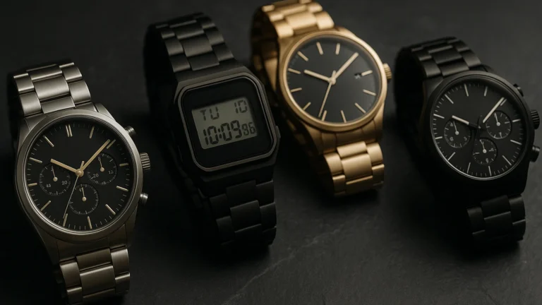 Koyu zeminde yan yana duran modern analog ve dijital kol saatleri